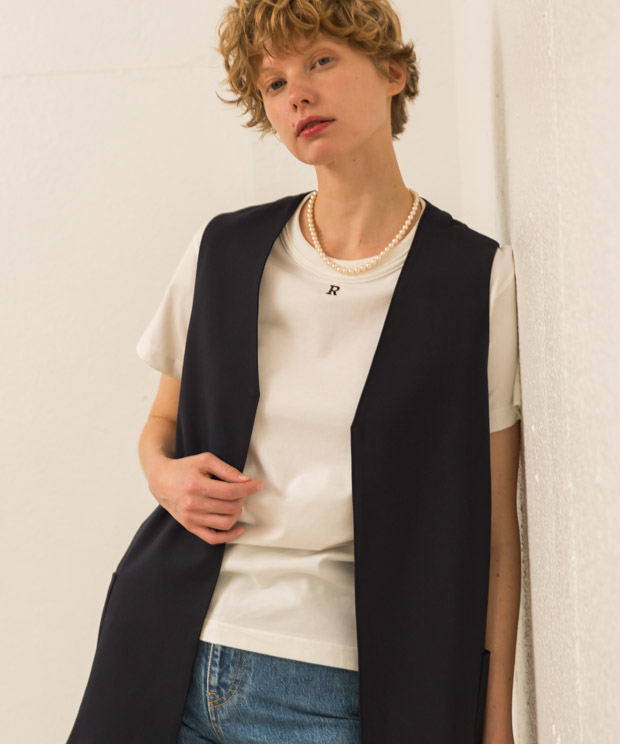 Cotton Rayon Middle Length Gilet - NAVY