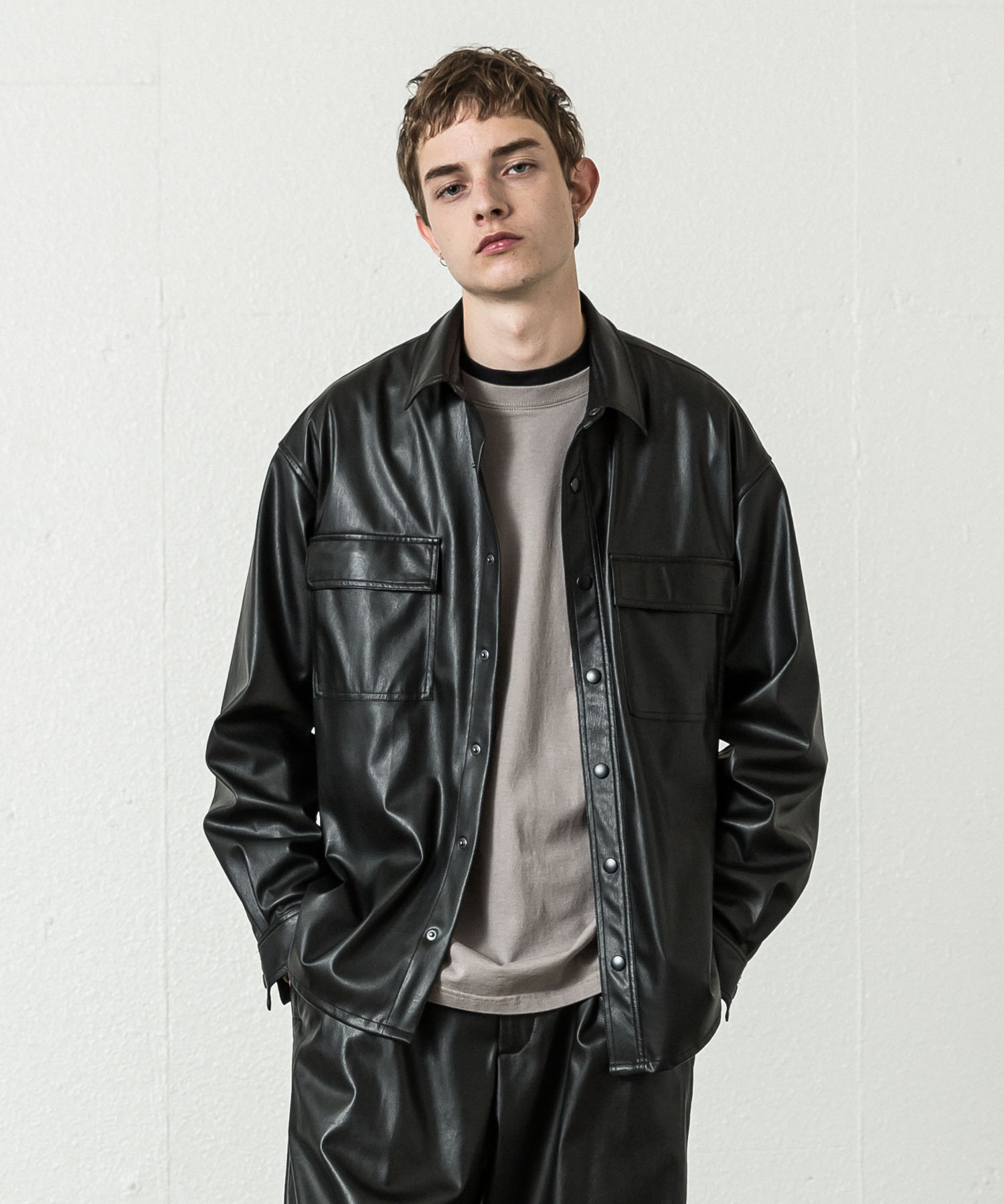 Eco Leather Double Pocket Shirt Jacket - BLACK