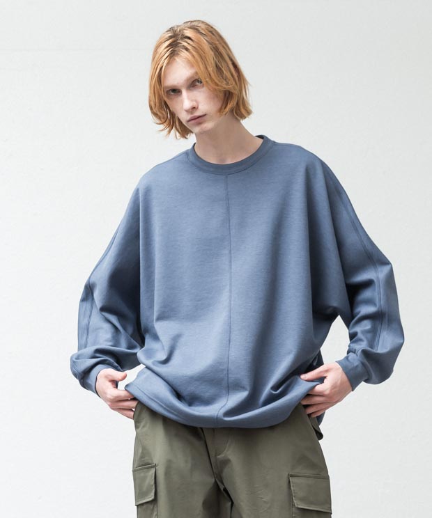 Double Air Knit Dolman Sleeve Pullover - BLUE GRAY