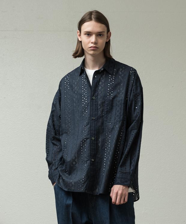 Embroidery Lace Oversized Shirt - NAVY