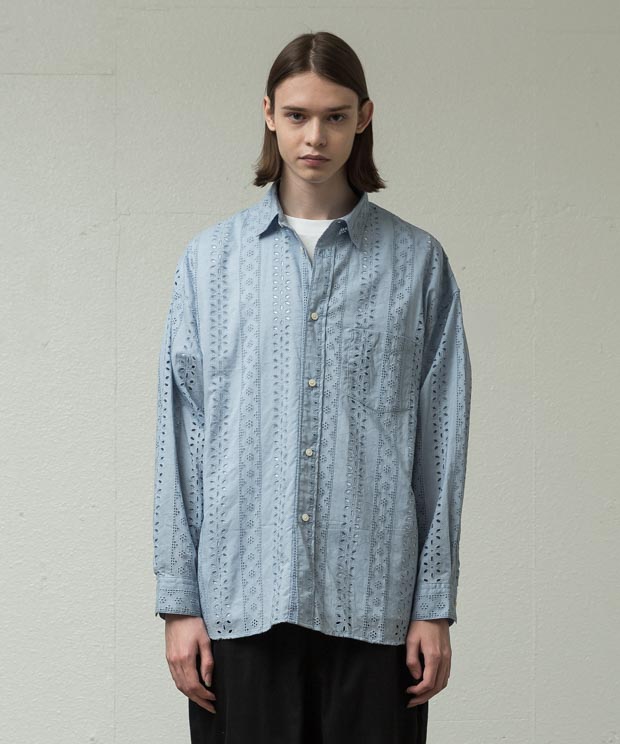 Embroidery Lace Oversized Shirt - SAX