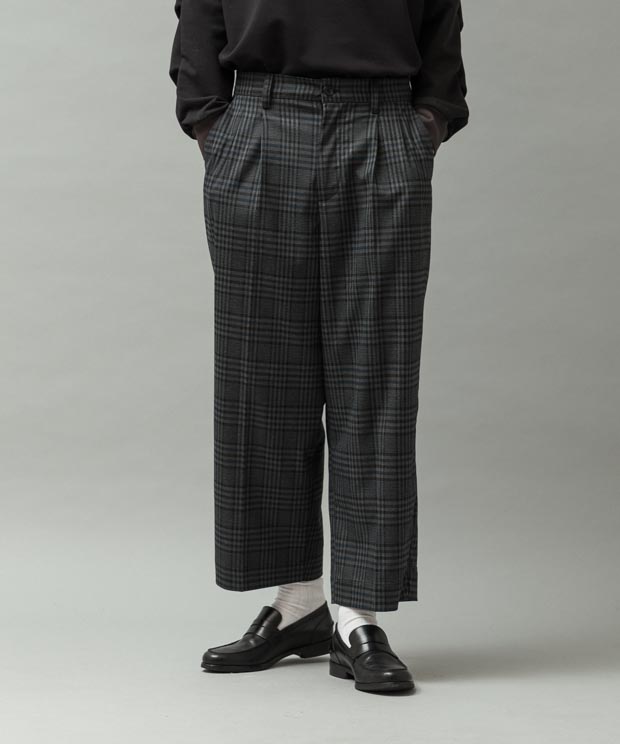 T/R Serge Classic Check Wide Tapered Slacks - CHARCOAL