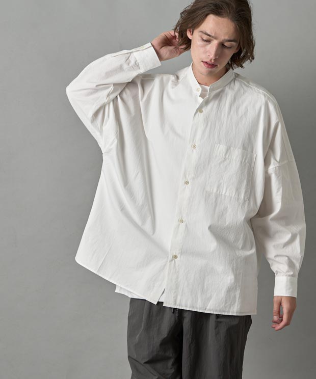 Vintage Poplin Band Collar Dolman Sleeve Shirt - WHITE
