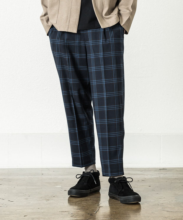 T/R Check Wide Tapered Ankle Cut Slacks - NAVY