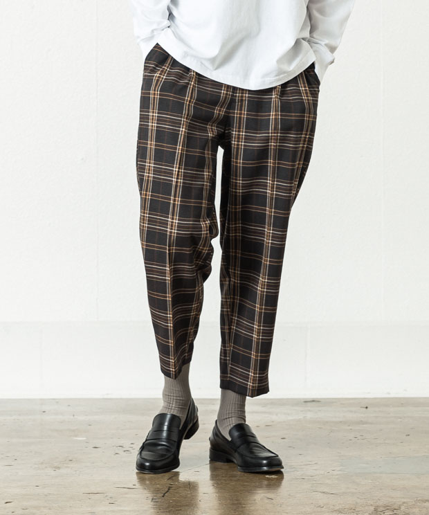 T/R Check Wide Tapered Ankle Cut Slacks - BROWN