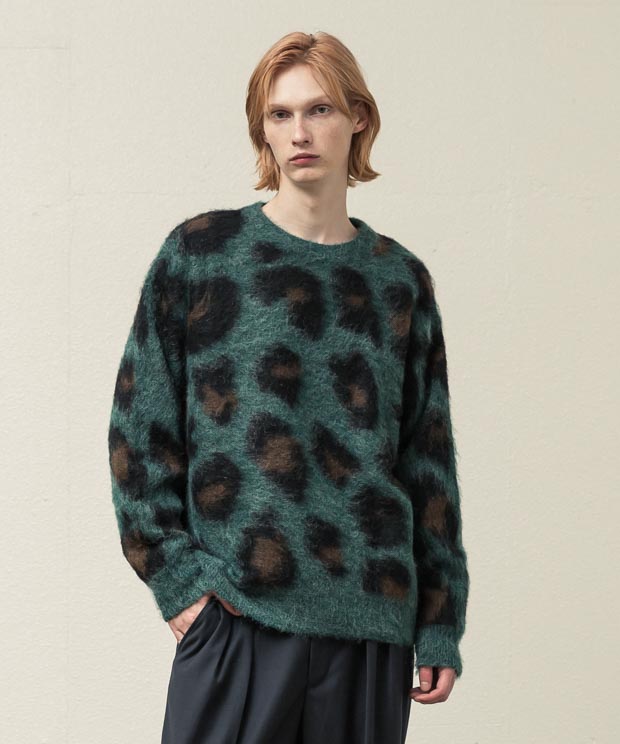 Leopard Shaggy Mohair Pullover - GREEN