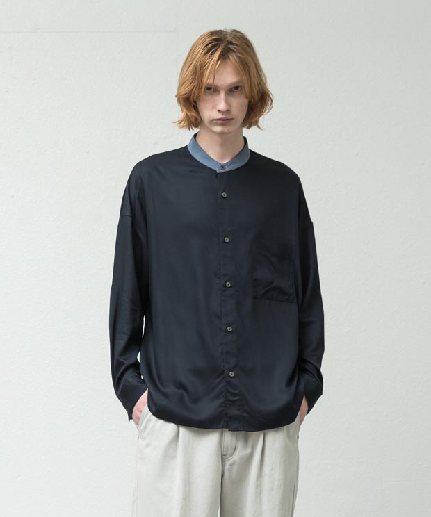 Cleric Band Collar Dropped Shoulders Shirt - NAVY