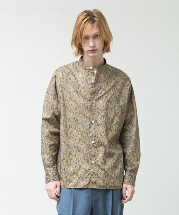 80 Lawn Paisley Band Collar Dropped Shoulders Shirt - BEIGE