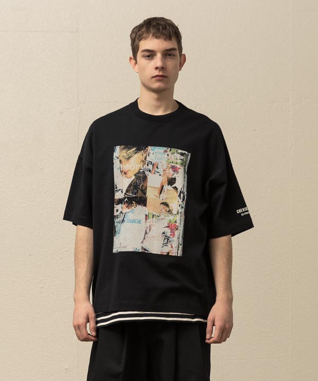 Dropped Shoulders Printed T-Shirt (Collage) - BLACK