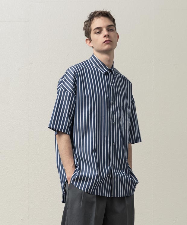 High Count Stripe Dropped Shoulders Shirt - NAVY