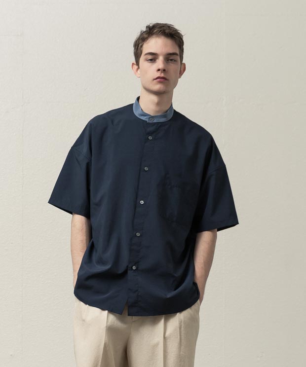 Dropped Shoulders Band Collar Cleric Shirt - NAVY