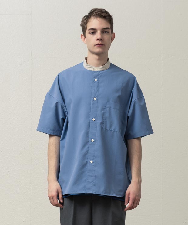 Dropped Shoulders Band Collar Cleric Shirt - SAX