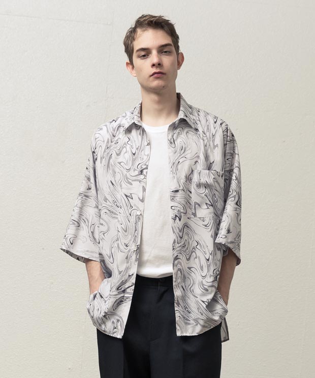 Marble Effect Printed Dolman Sleeve Shirt - IVORY