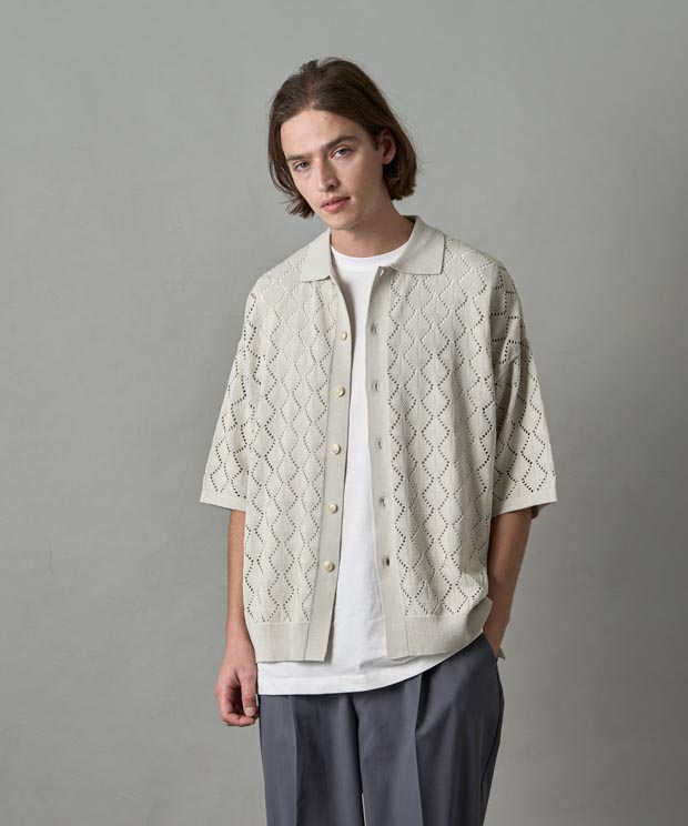 High Twist Pattern Mesh Knit Polo Cardigan - GRAY BEIGE