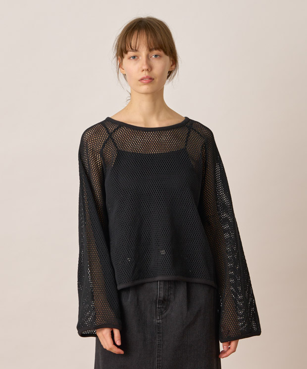 Wide Raglan Sleeve Mesh Pullover - BLACK