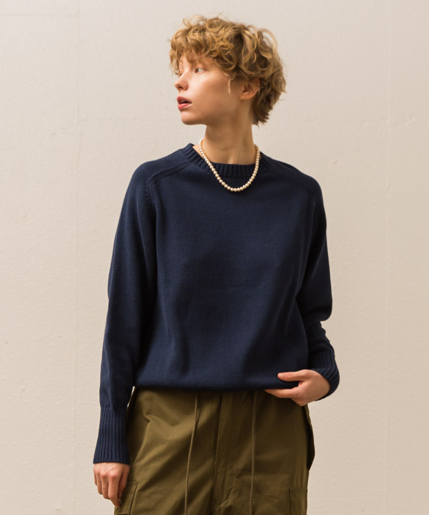 Oversized Crew Neck Knit Pullover - NAVY