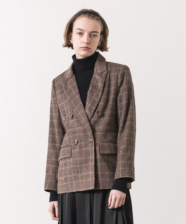 Check Double Breasted Tailored Jacket - BROWN