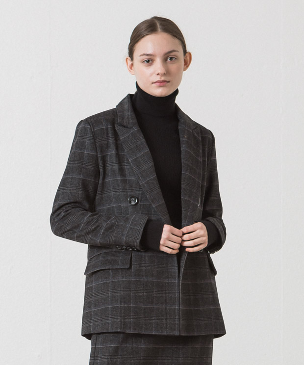 Check Double Breasted Tailored Jacket - BLACK