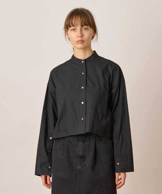 Cotton Lawn Wide Silhouette Cropped Shirt - BLACK