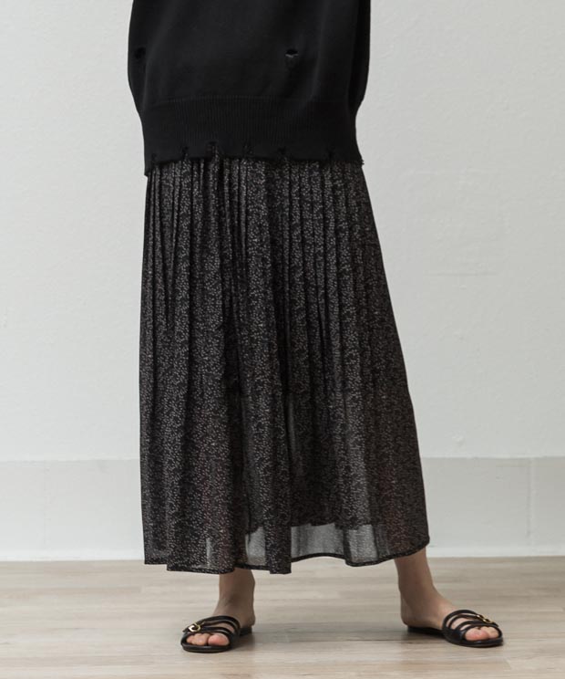 Botanical Print Pleated Skirt - BLACK