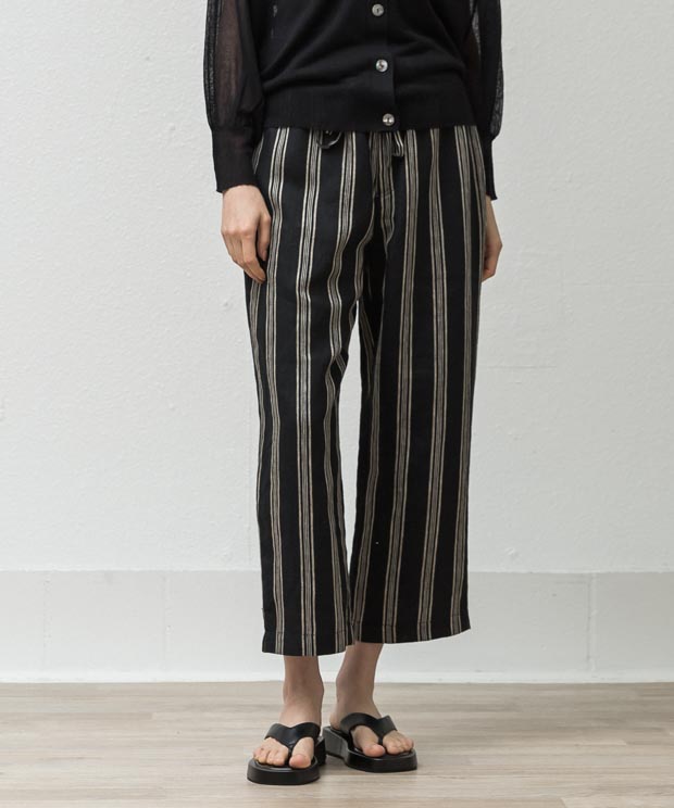 Linen Stripe Relax Wide Pants - BLACK