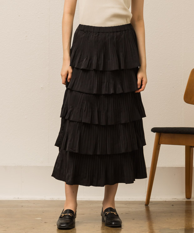 Tiered Pleated Skirt - BLACK