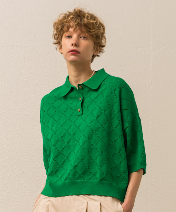 Argyle Lace Oversized Polo Shirt - GREEN