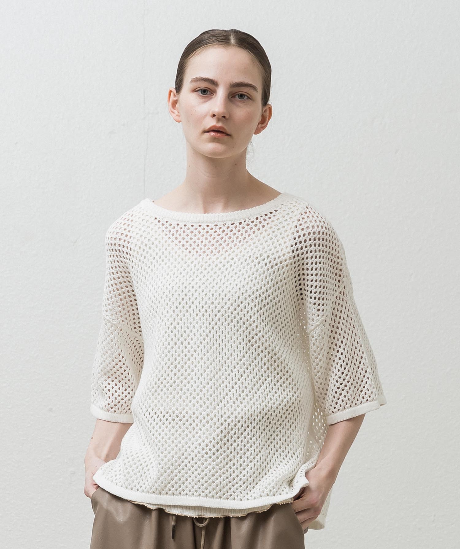 Cropped Mesh Knit Pullover - WHITE