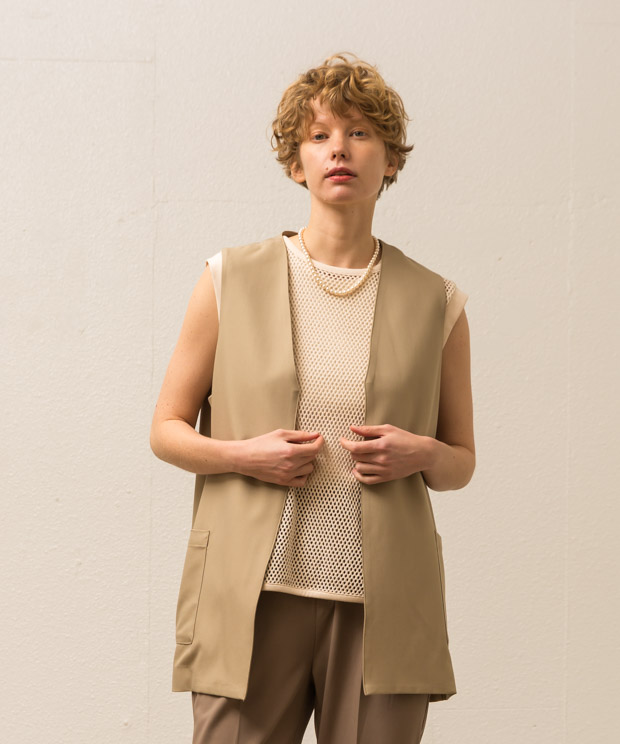 Cotton Rayon Middle Length Gilet - BEIGE