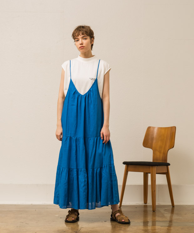 Cotton Linen Tiered Camisole Dress - BLUE