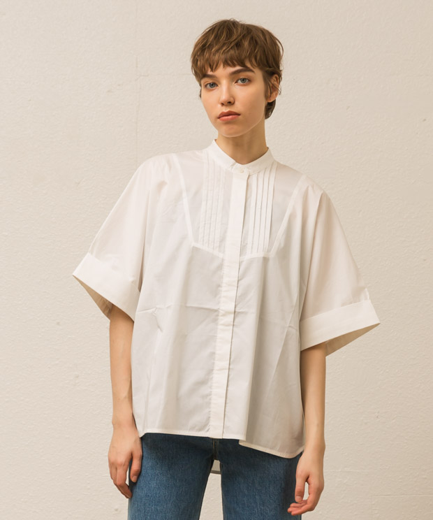 Dolman Sleeve Pin Tuck Band Collar Shirt　 - WHITE