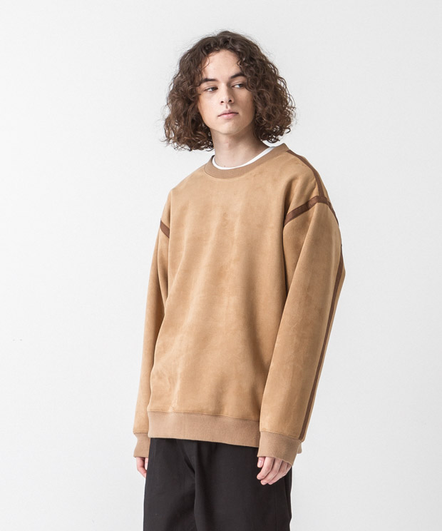 Stretch Faux Suede Piping Pullover - BEIGE