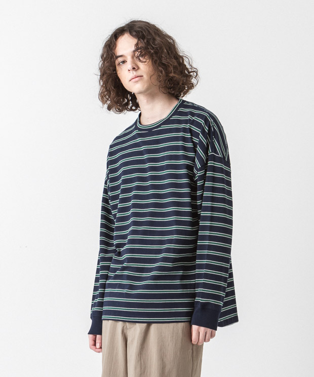 Dropped Shoulders Border T-Shirt - NAVY