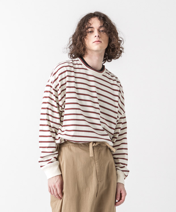 Dropped Shoulders Border T-Shirt - NATURAL