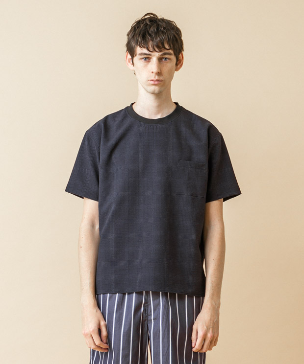 EVALET Seersucker Glencheck T-Shirt - NAVY/BLACK