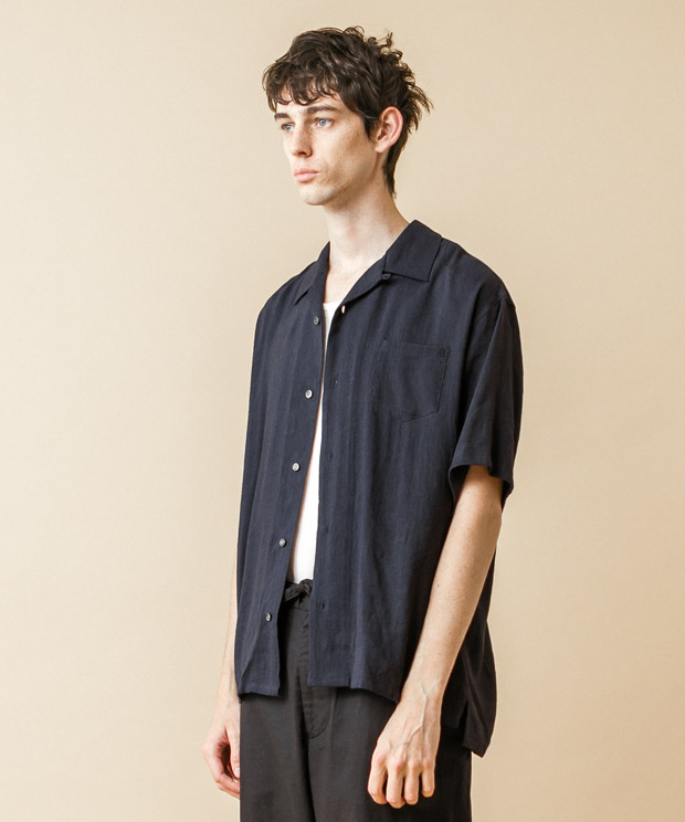 Linen Viscose Open Collar Shirt - NAVY