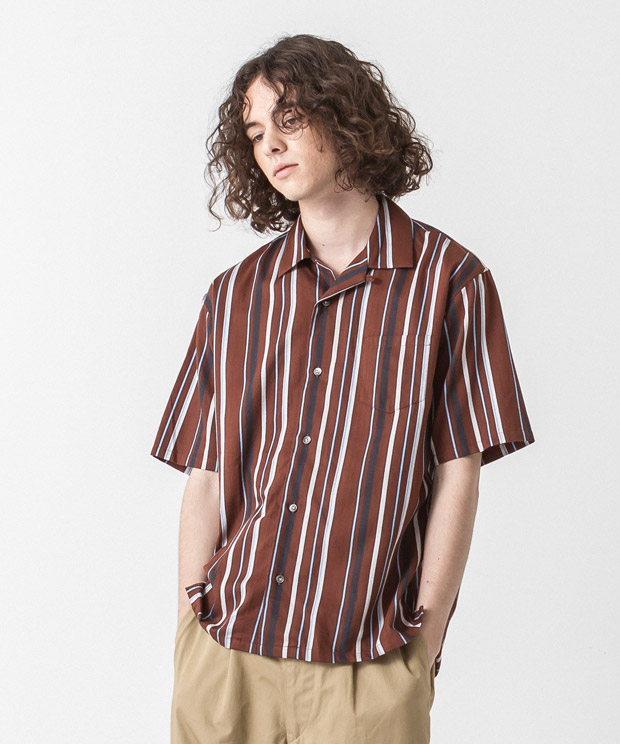 C/R Striped Open Collar Shirt - BROWN