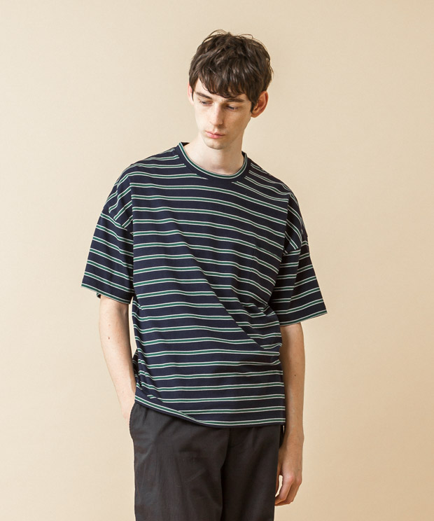 Dropped Shoulders Border T-Shirt - NAVY