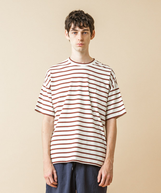 Dropped Shoulders Border T-Shirt - NATURAL