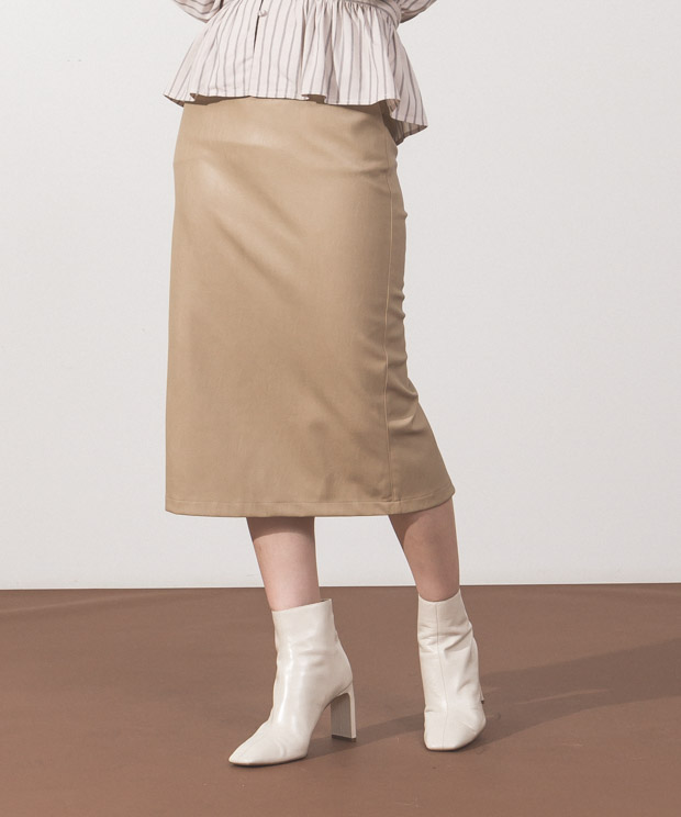 Eco Leather Tight Skirt - BEIGE