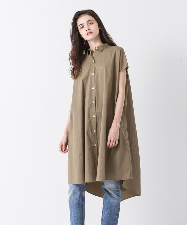 Flare Silhouette Shirt Dress - BEIGE